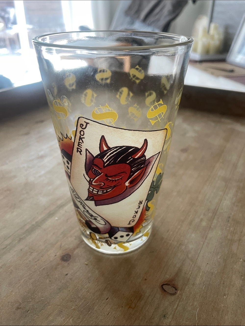 Ed Hardy Clear Glass with Red Devil Joker and Yellow Dollar Accents